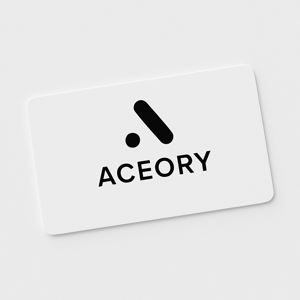 White card with black 'ACEORY' logo on a light gray background