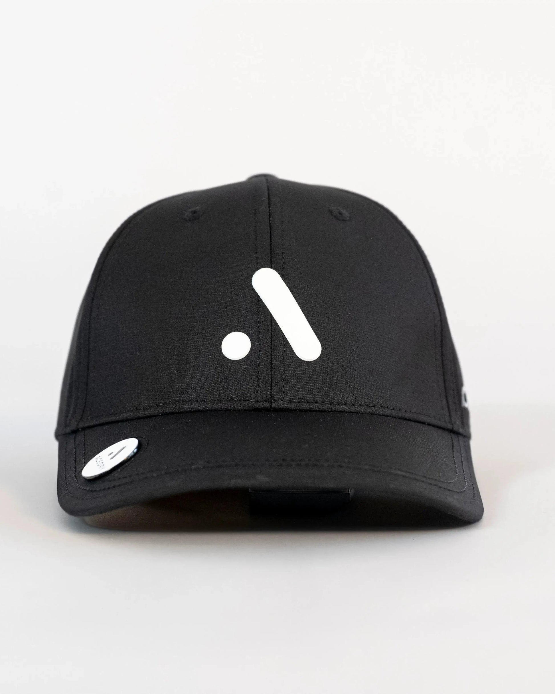Front view of the Aceory golf cap with large logo and magnetic marker on the brim.